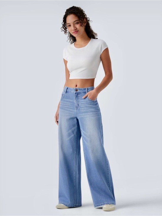 HALARA Denim - Halara Wide Leg Mid-Rise Washed Baggy Wide Leg Women Jeans - Light Blue - Large